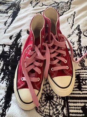 Red Canvas High-Top Sneakers with Pink Laces